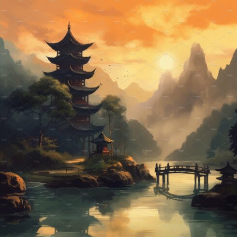 Asia house at sunset landscape cover image.