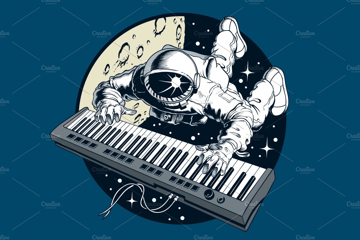 Astronaut playing piano synthesizer cover image.