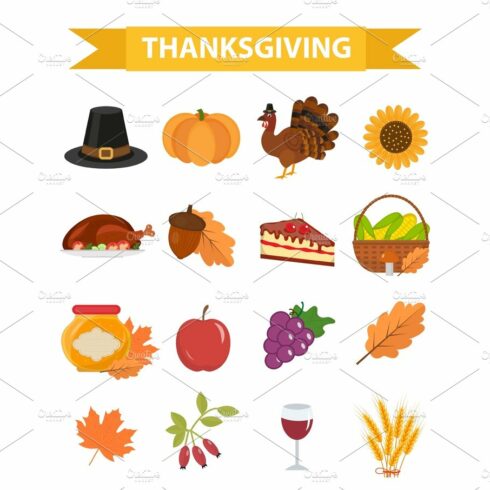 Happy Thanksgiving Day icon set, flat, cartoon style. Harvest festival coll... cover image.
