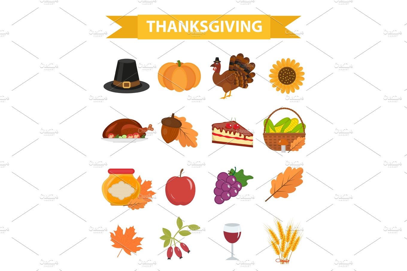 Happy Thanksgiving Day icon set, flat, cartoon style. Harvest festival coll... cover image.