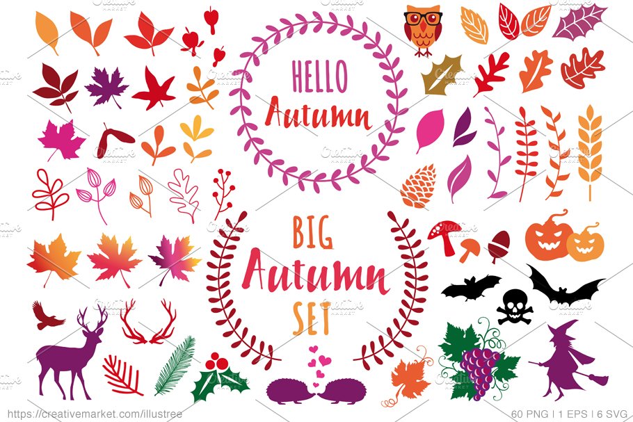 60 Autumn design elements, vector cover image.
