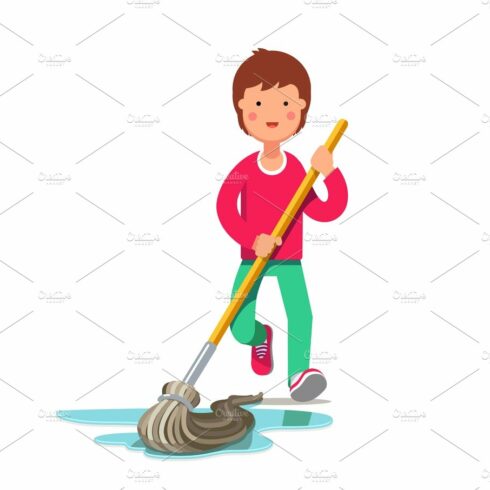 Kid cleaning floor with dust mop wet broom cover image.