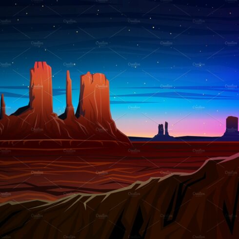 Mountain and Monument Valley, Night panoramic view, peaks, landscape early ... cover image.