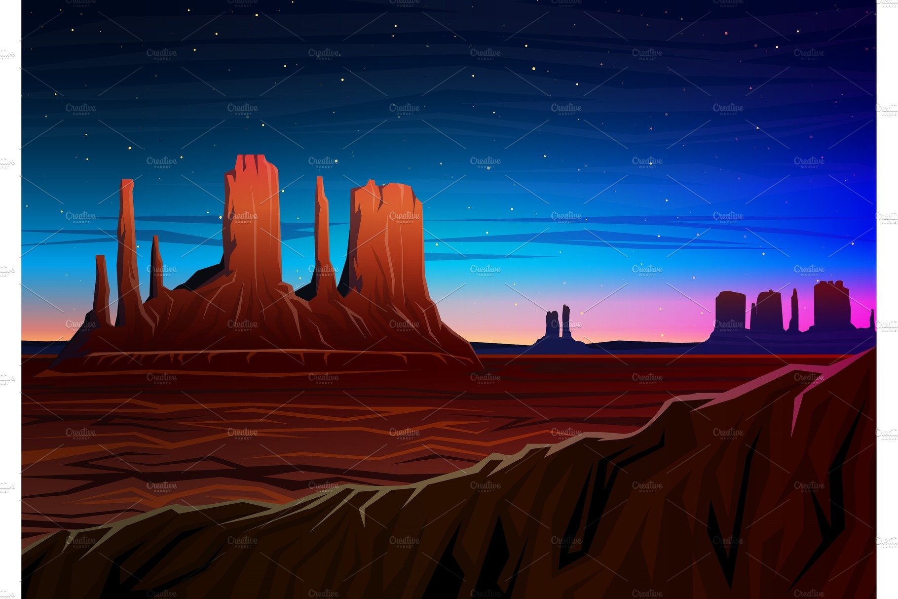 Mountain and Monument Valley, Night panoramic view, peaks, landscape early ... cover image.