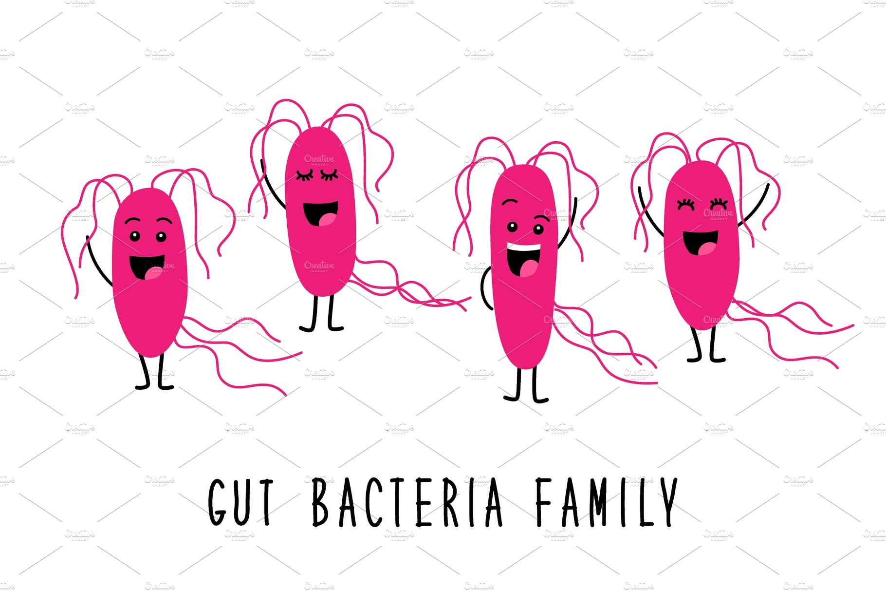 Funny gut bacteria family cartoon cover image.