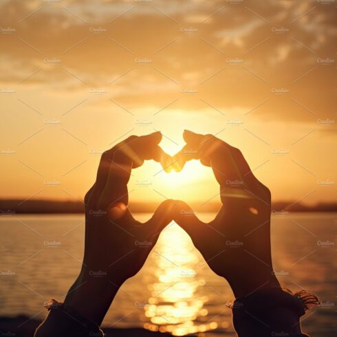 Silhouette Hands in shape of love heart at sunset or sunrise. Ge cover image.