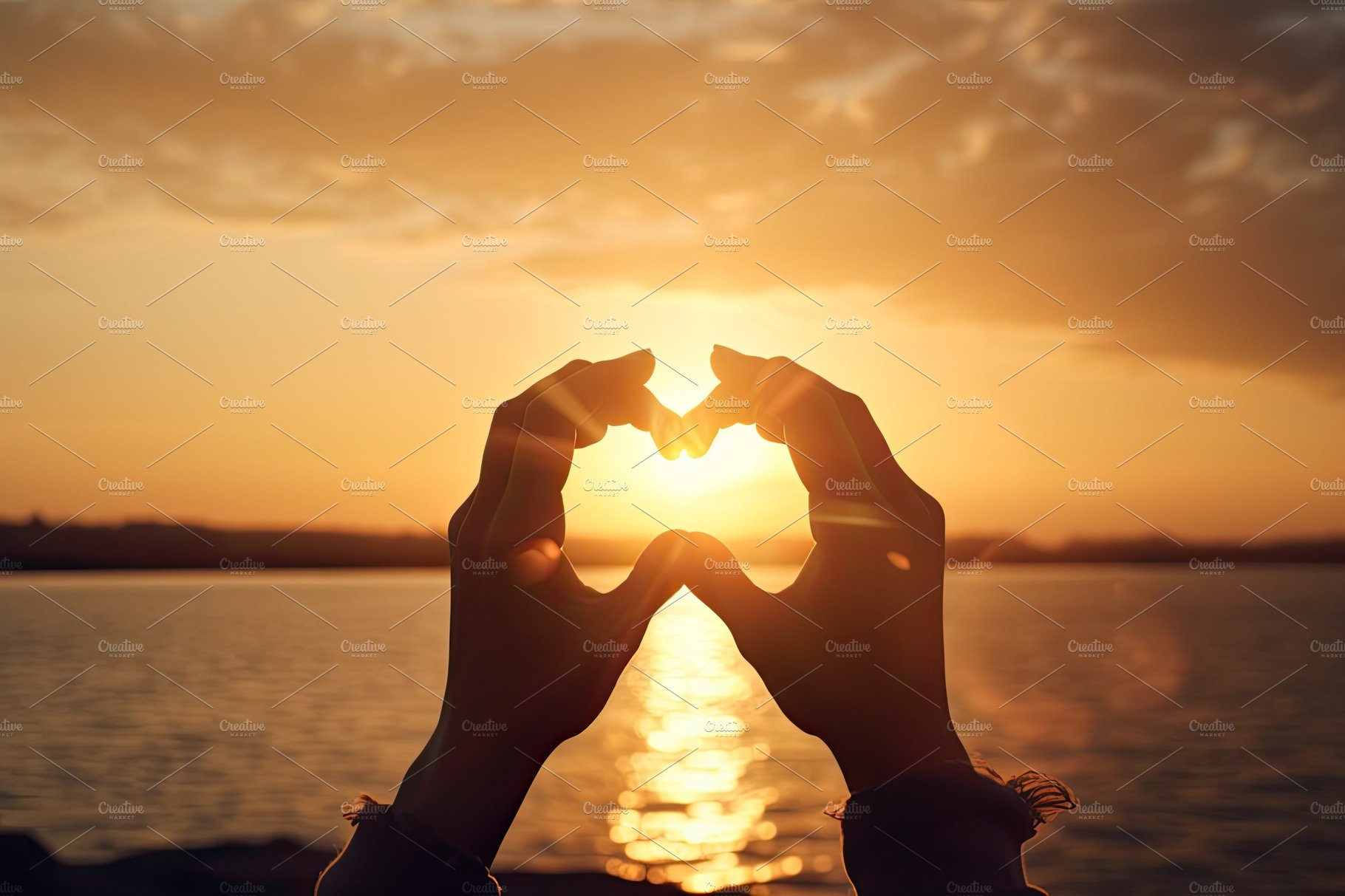 Silhouette Hands in shape of love heart at sunset or sunrise. Ge cover image.