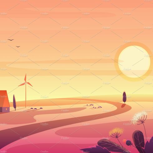 Solar rural landscape in sunset cover image.