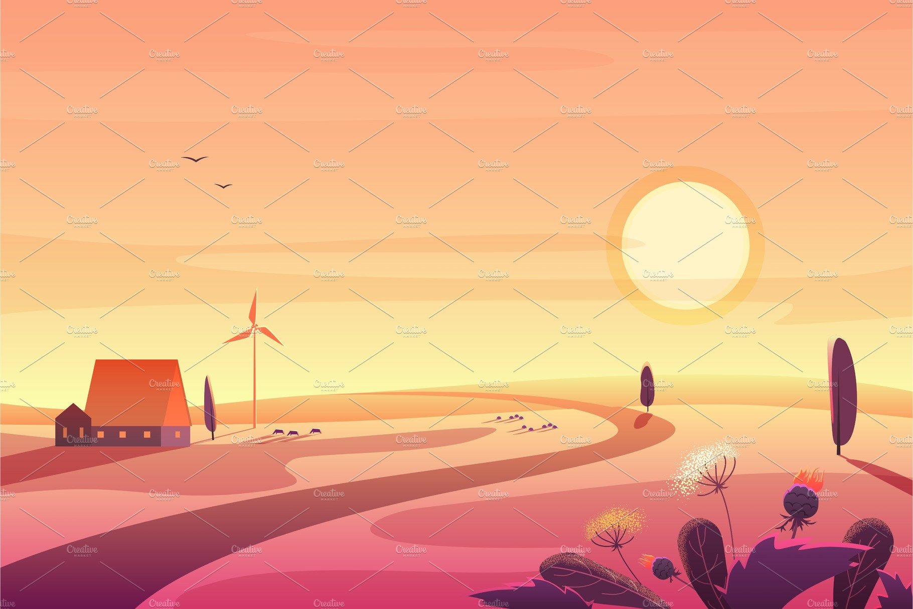 Solar rural landscape in sunset cover image.