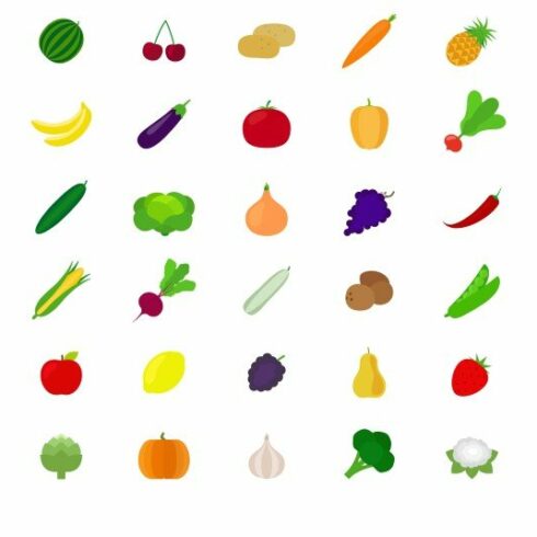 Vegetables and fruit flat icons cover image.