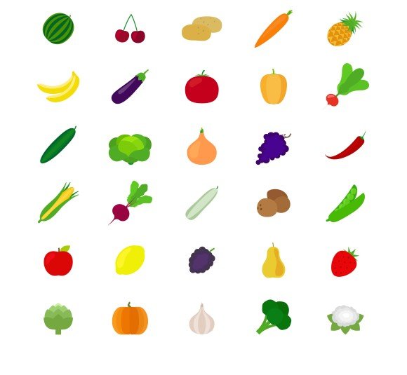 Vegetables and fruit flat icons cover image.