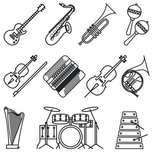 Musical instruments thin line icons cover image.