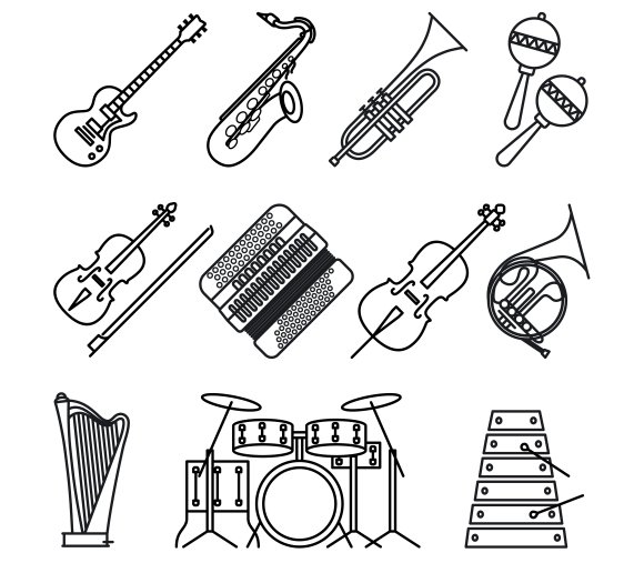 Musical instruments thin line icons cover image.