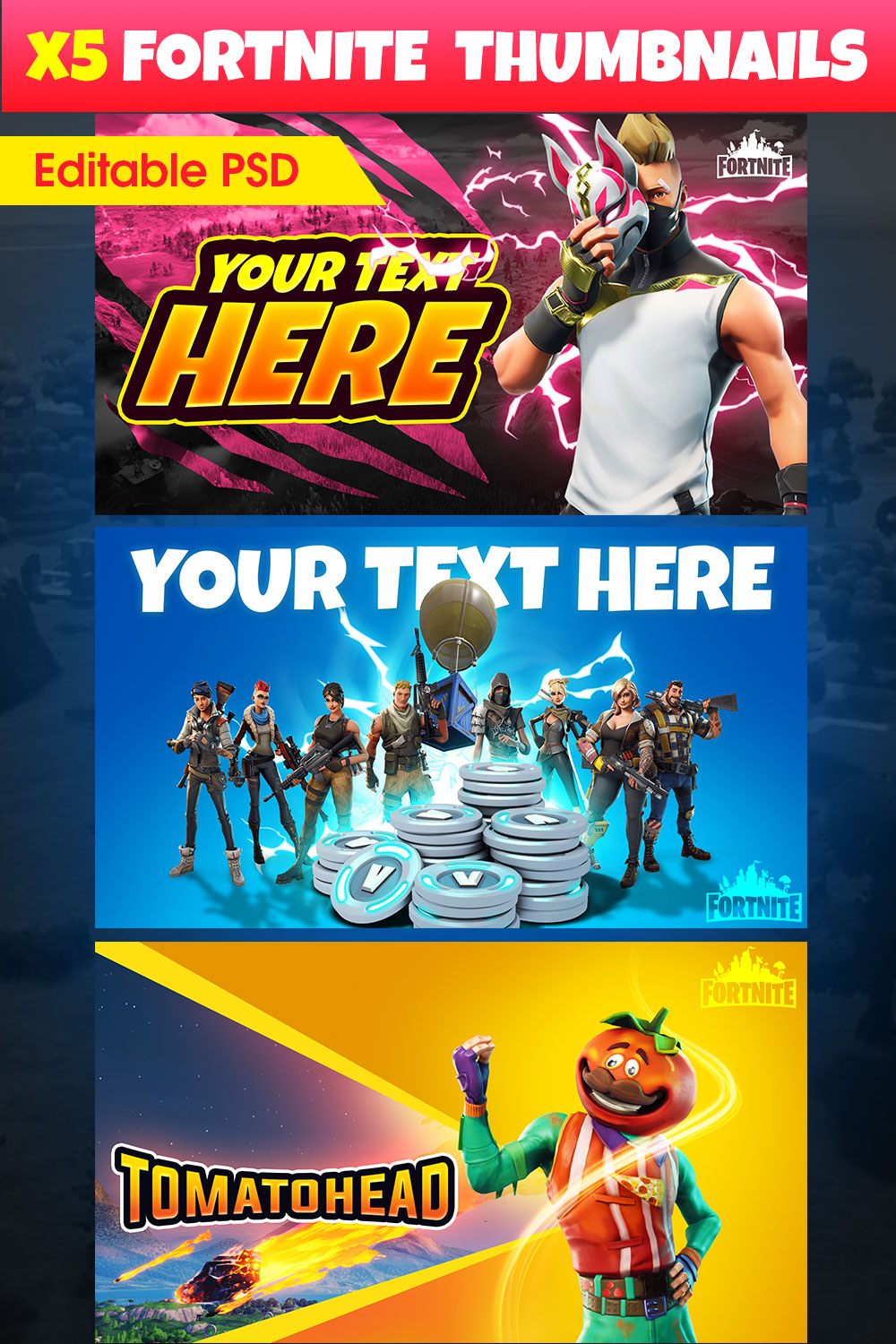 x5 Fortnite Gaming Thumbnails Templates pinterest preview image.