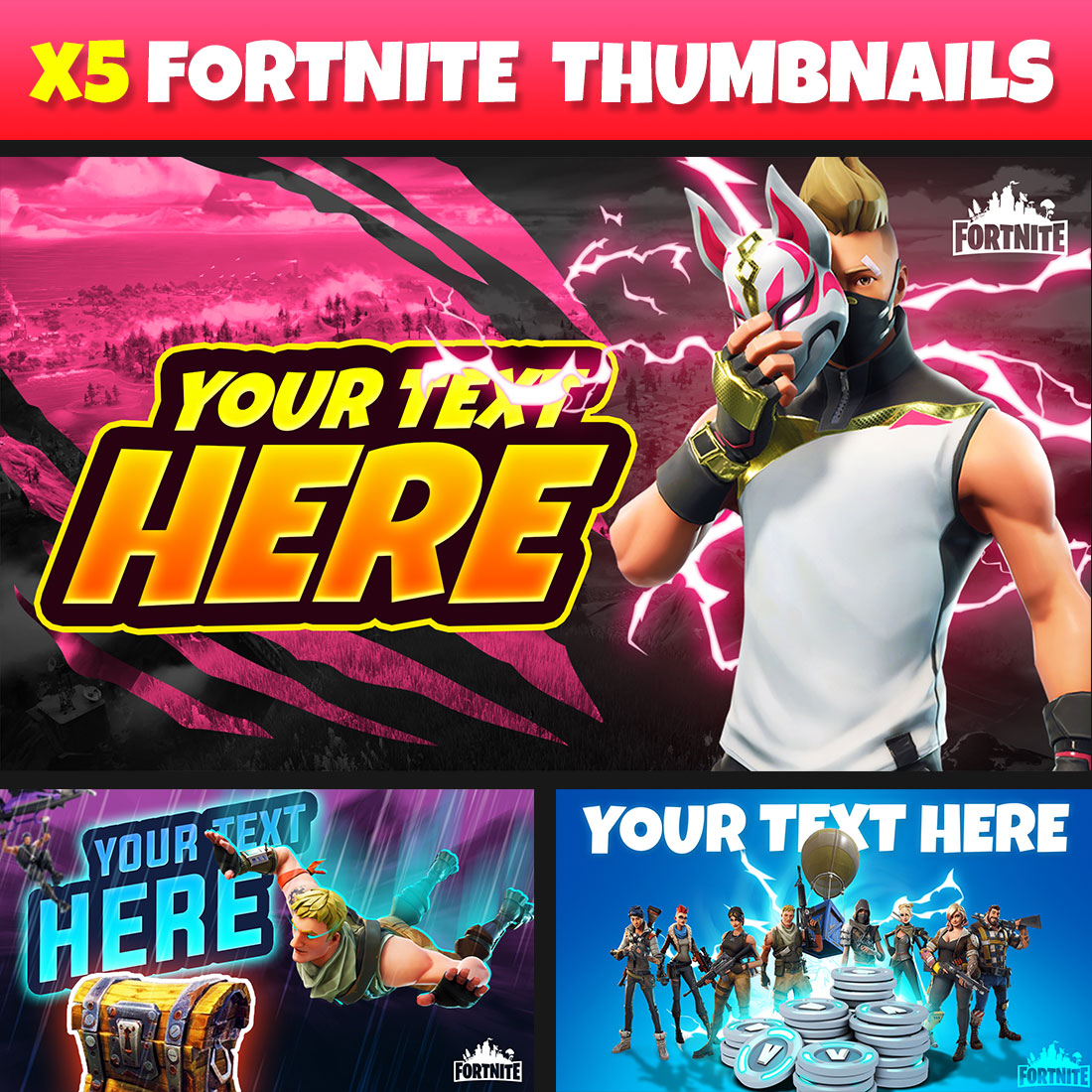 x5 Fortnite Gaming Thumbnails Templates cover image.