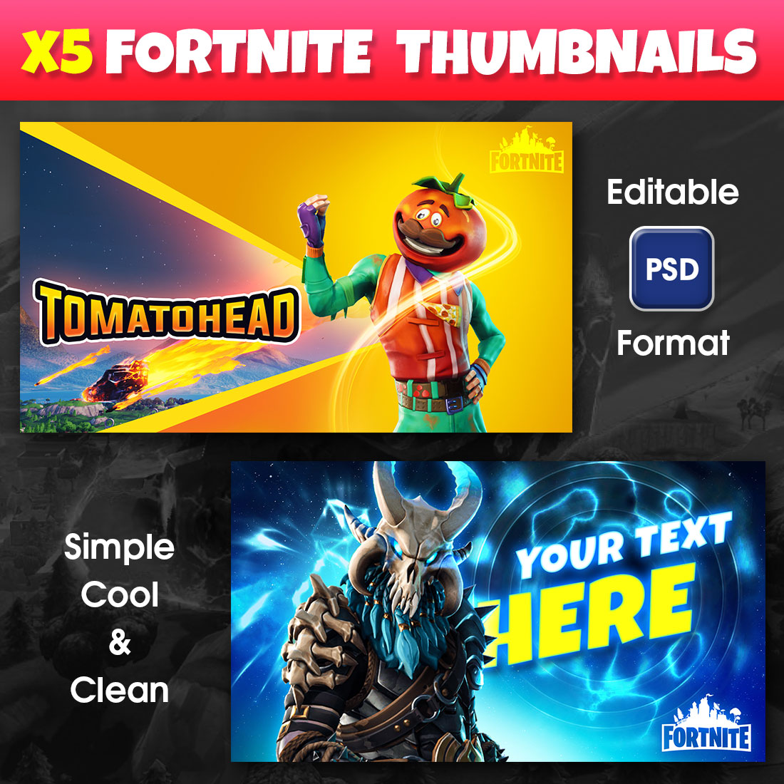 x5 Fortnite Gaming Thumbnails Templates preview image.