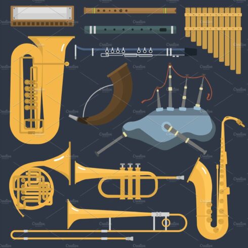 Musical wind brass tube instruments cover image.