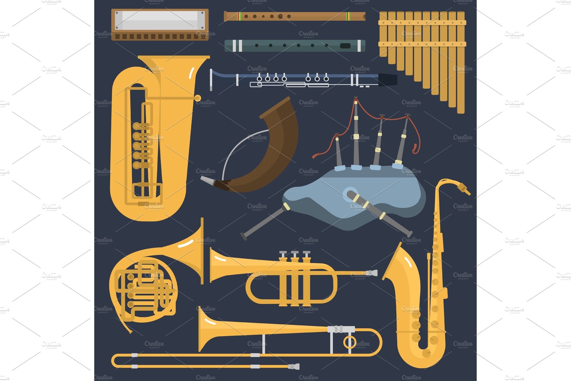 Musical wind brass tube instruments cover image.