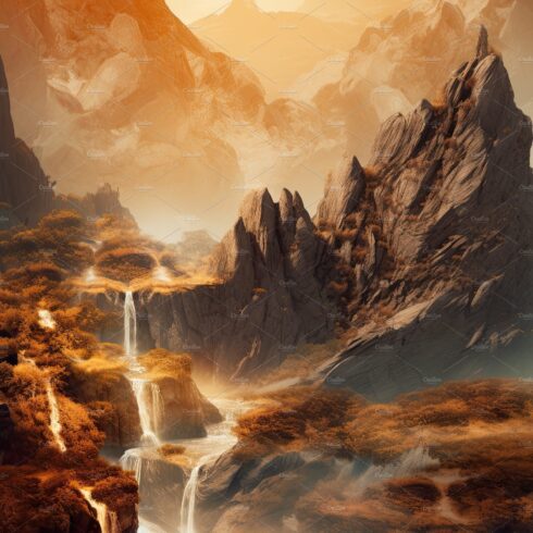 Beautiful vertical landscape with tall mountains, waterfall and a river. Ge... cover image.