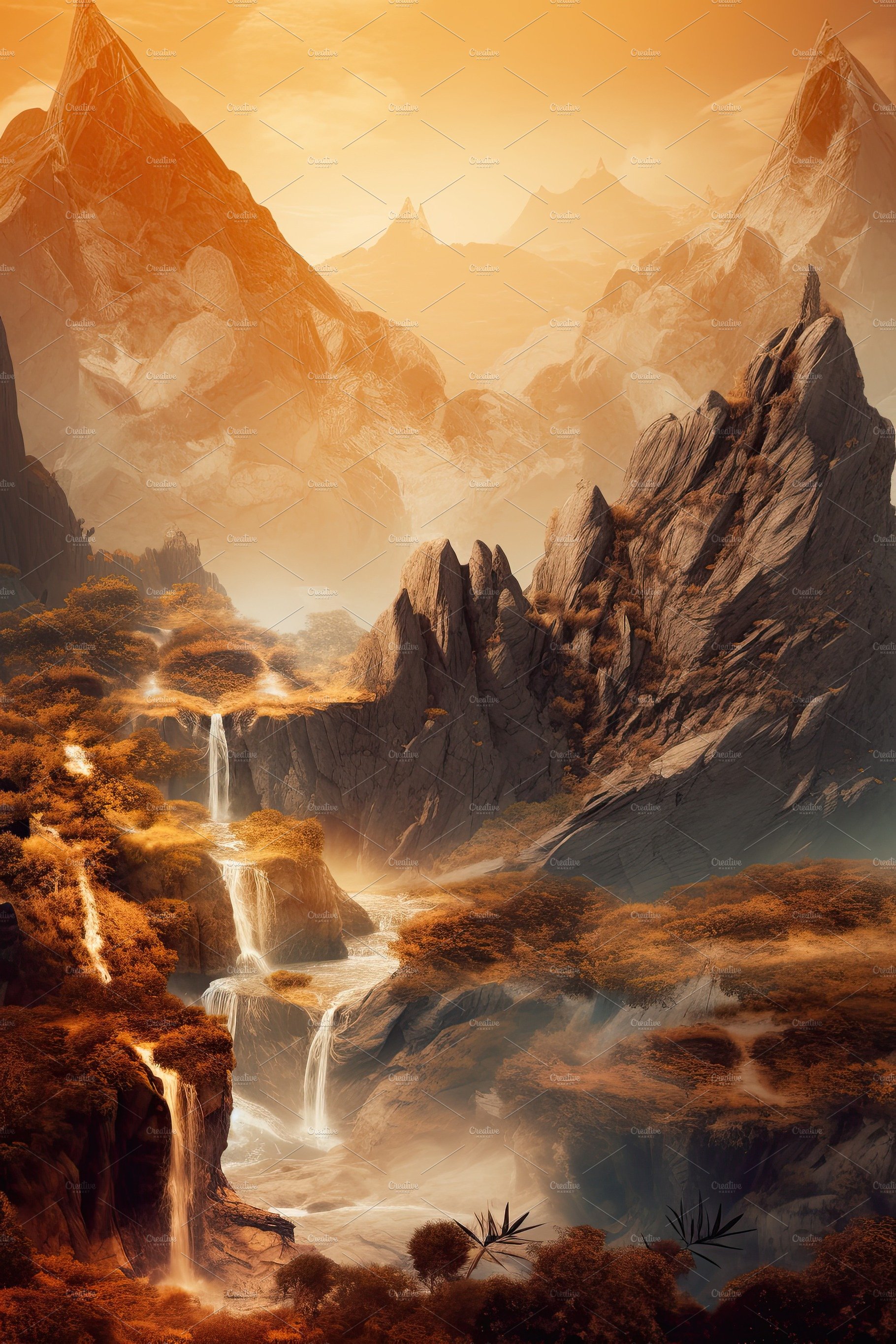 Beautiful vertical landscape with tall mountains, waterfall and a river. Ge... cover image.