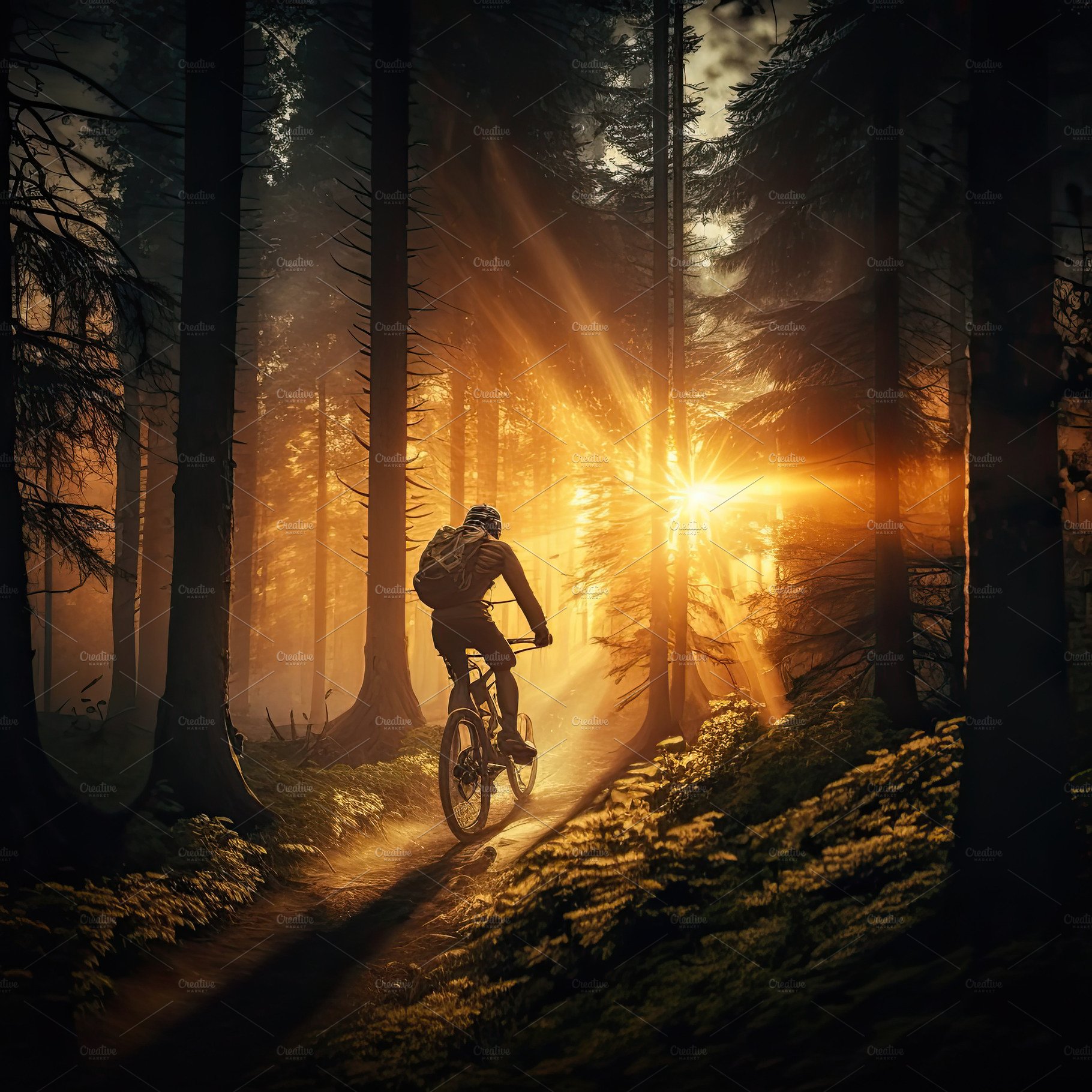 Silhouette Man Through the Forest Cycling During the Sunset . Ge preview image.