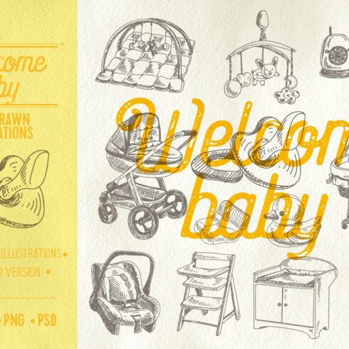 Welcome baby sketch illustrations cover image.