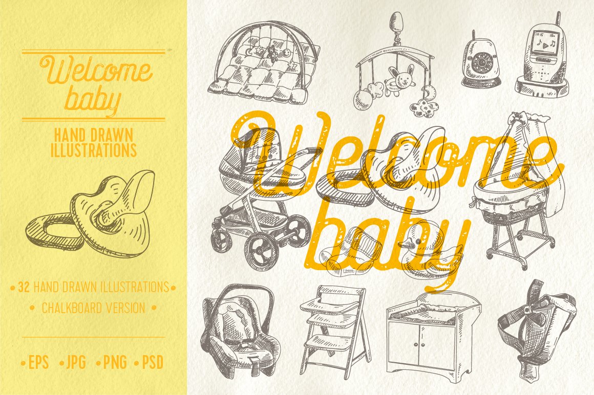 Welcome baby sketch illustrations cover image.