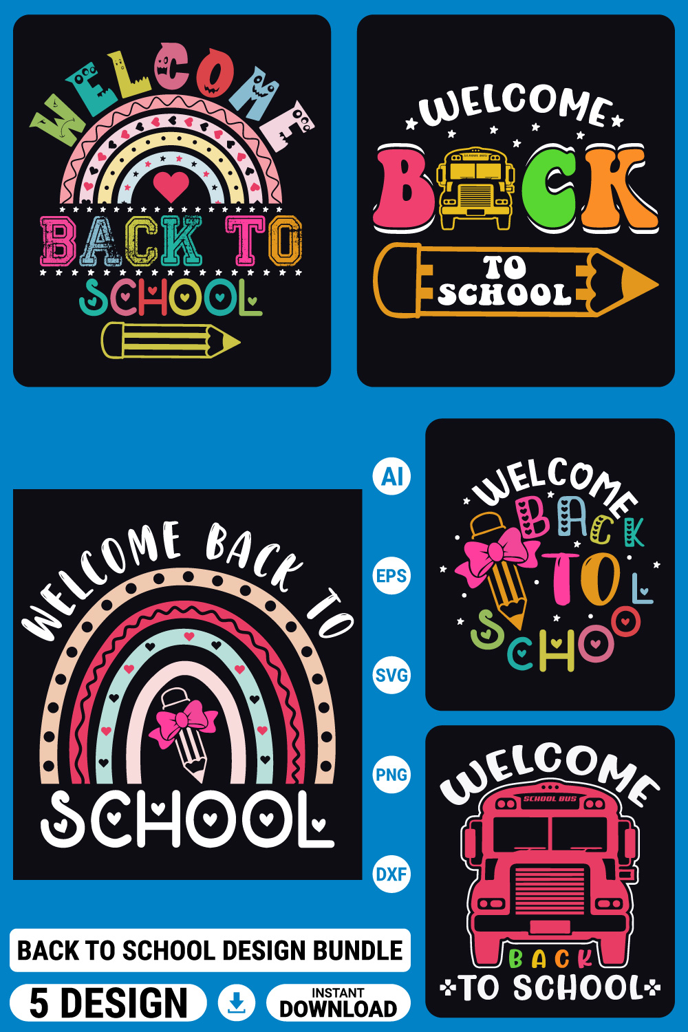 Back to school t-shirt design bundle, first day, hundred days of school, typography t-shirts pinterest preview image.