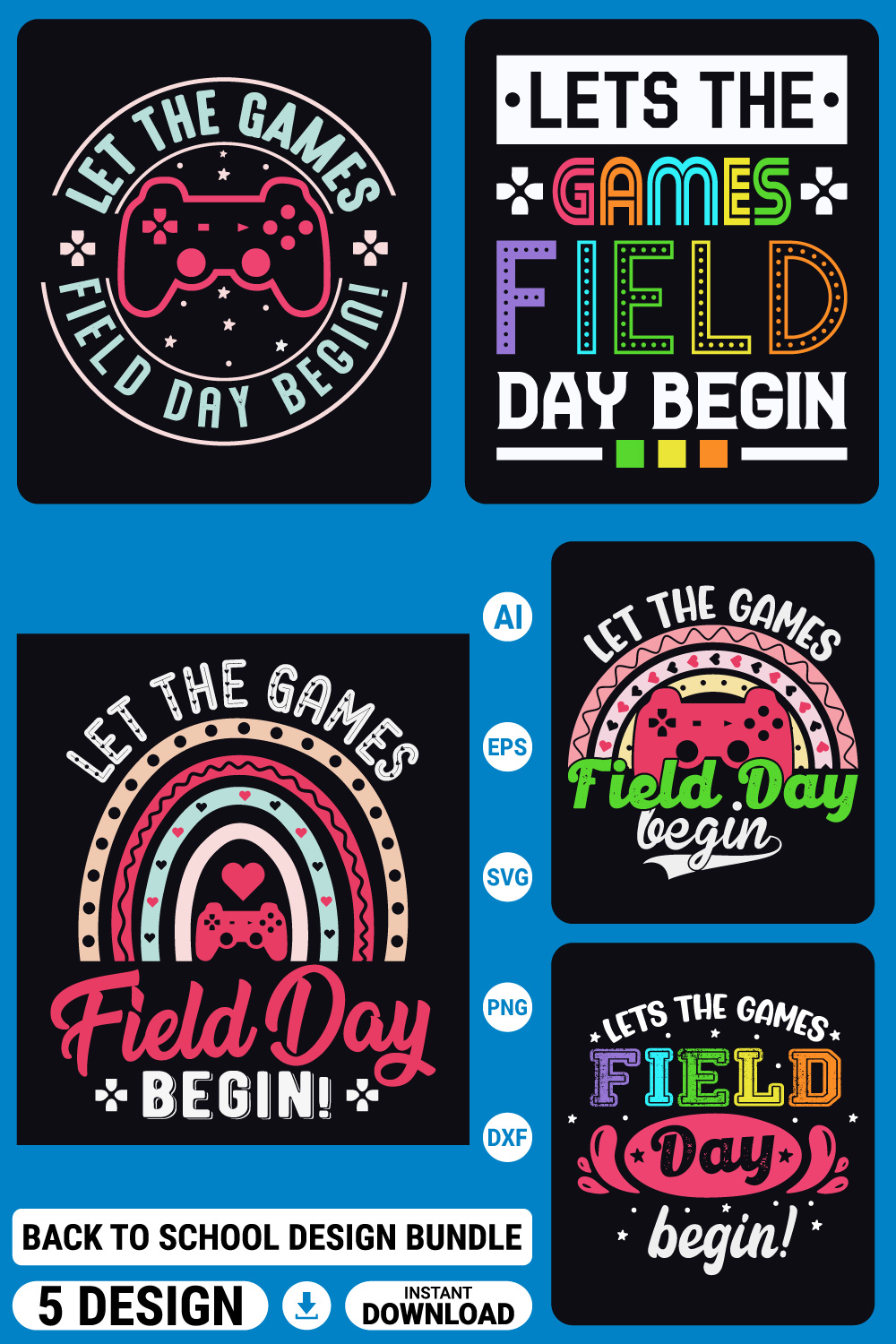 Back to school t-shirt design bundle, first day, hundred days of school, typography t-shirts pinterest preview image.