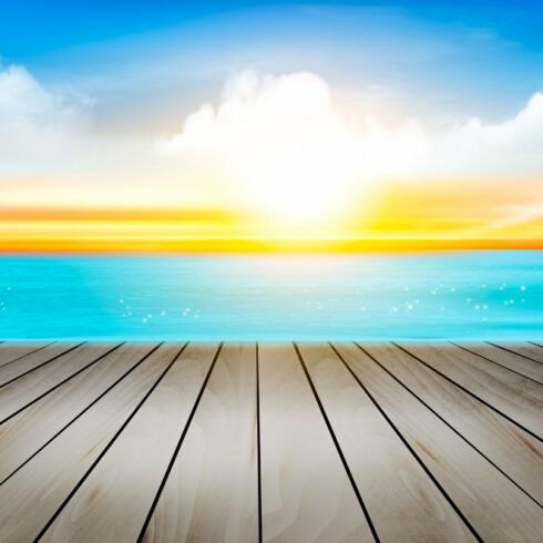 Blue sea and sunset. Vector cover image.