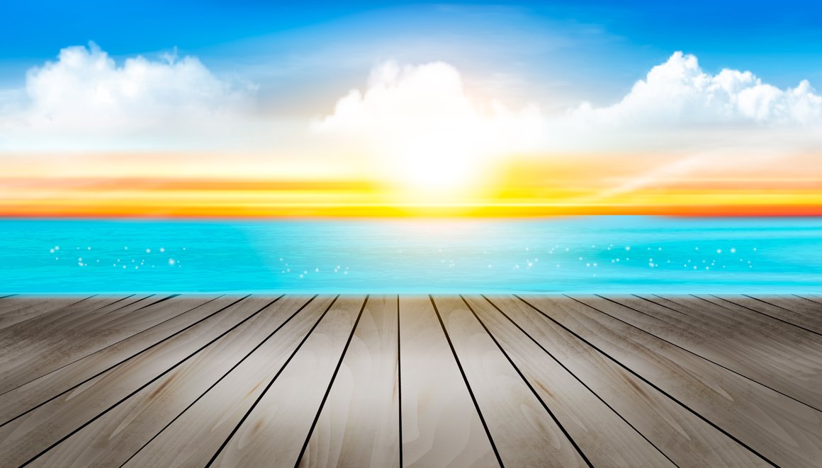 Blue sea and sunset. Vector cover image.