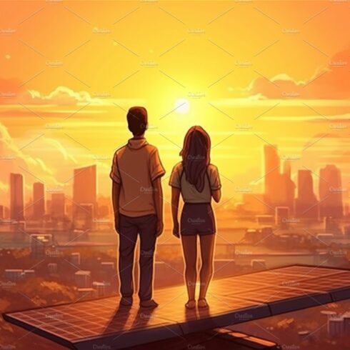 Cartoon illustration of couple and solar panel against big city. cover image.