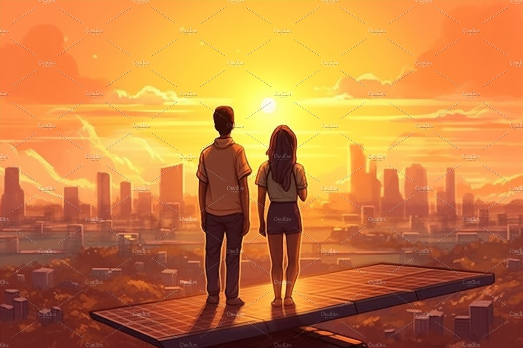 Cartoon illustration of couple and solar panel against big city. cover image.