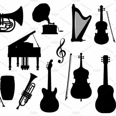 Musical instruments vector silhouette icons cover image.