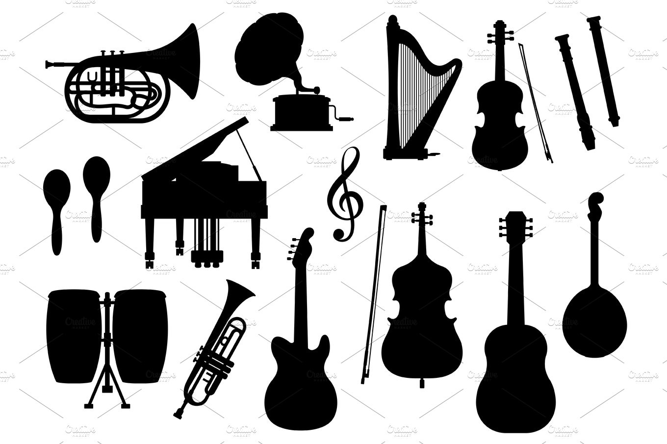 Musical instruments vector silhouette icons cover image.