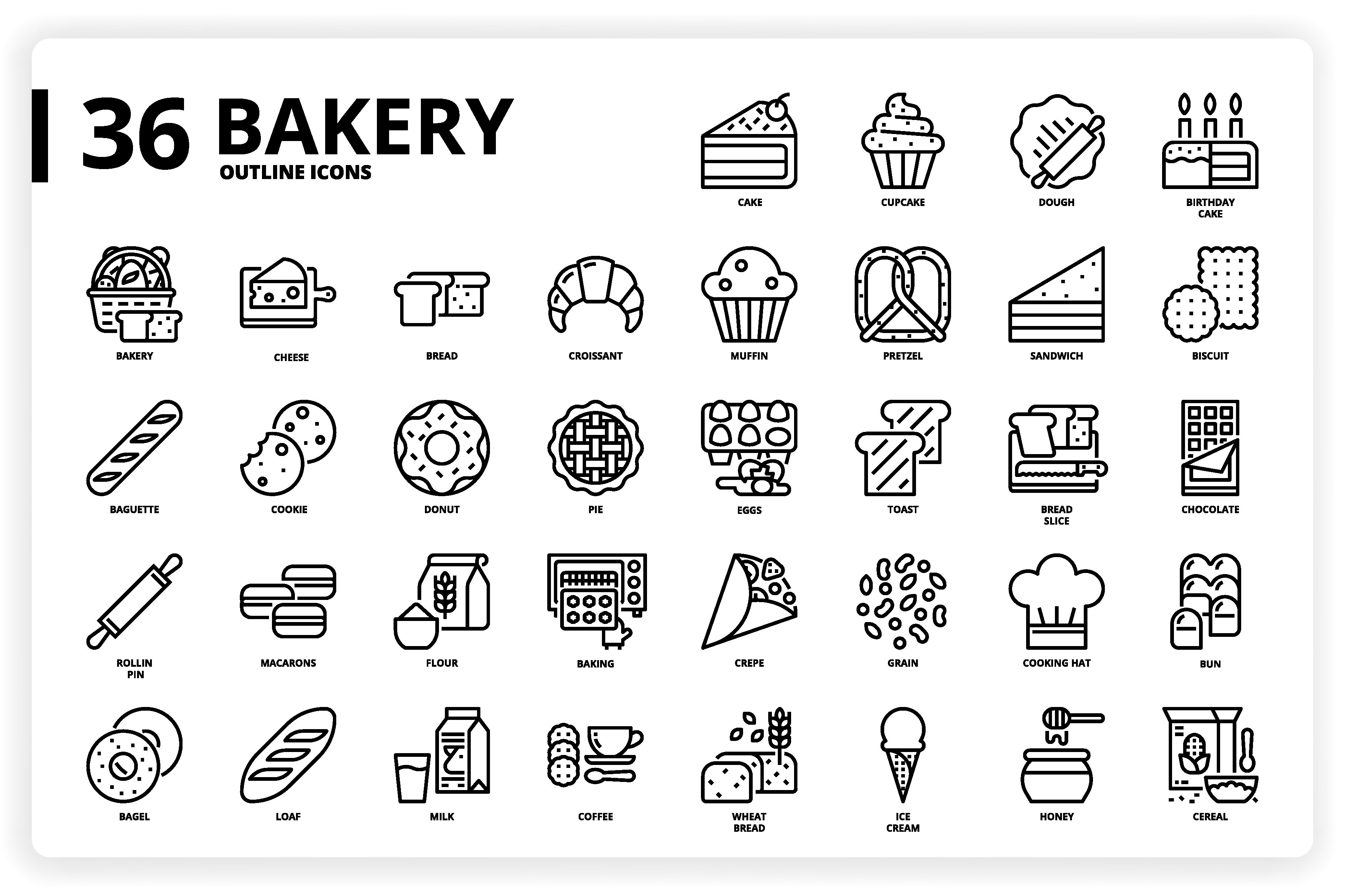 36 Bakery Icons x 3 Styles preview image.