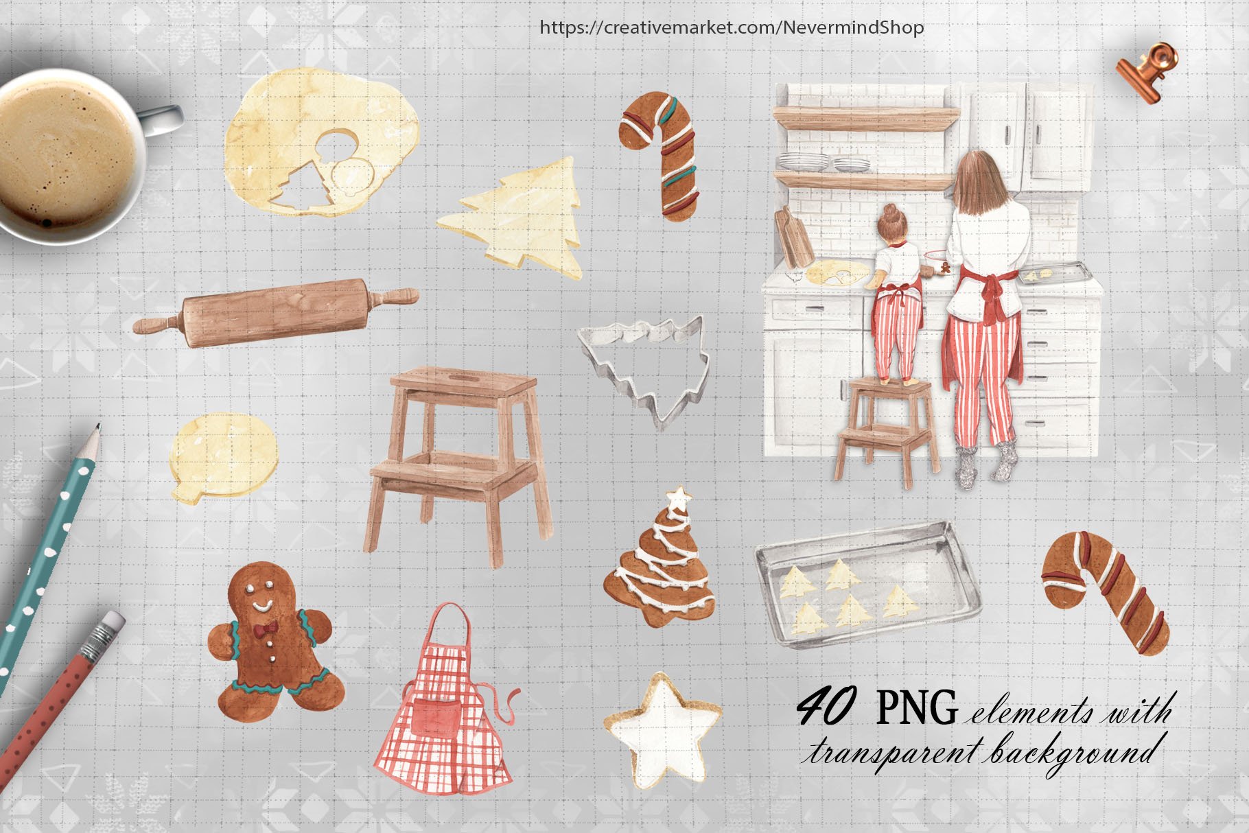 Christmas baking watercolor clipart preview image.