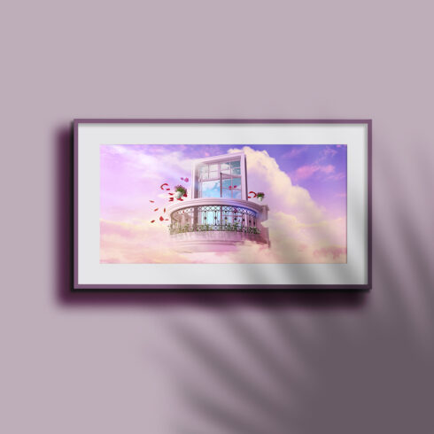 fly balcony in purple sky with red flower cover image.