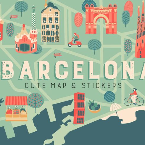 Barcelona. Cute map and stickers cover image.