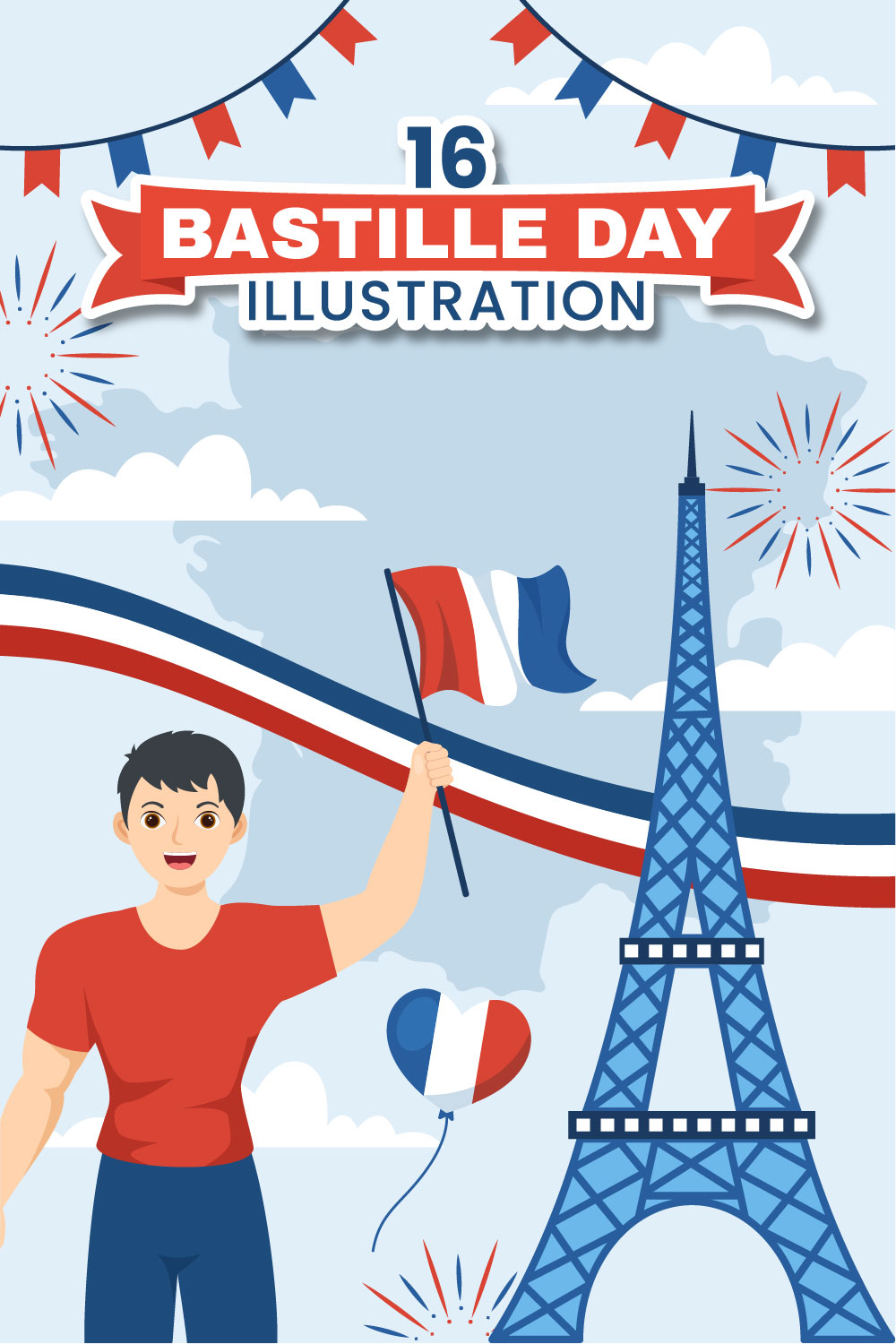 16 Happy Bastille Day Illustration pinterest preview image.