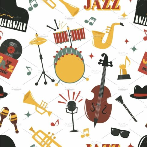 Fashion jazz band music party musical instrument design vector seamless pat... cover image.