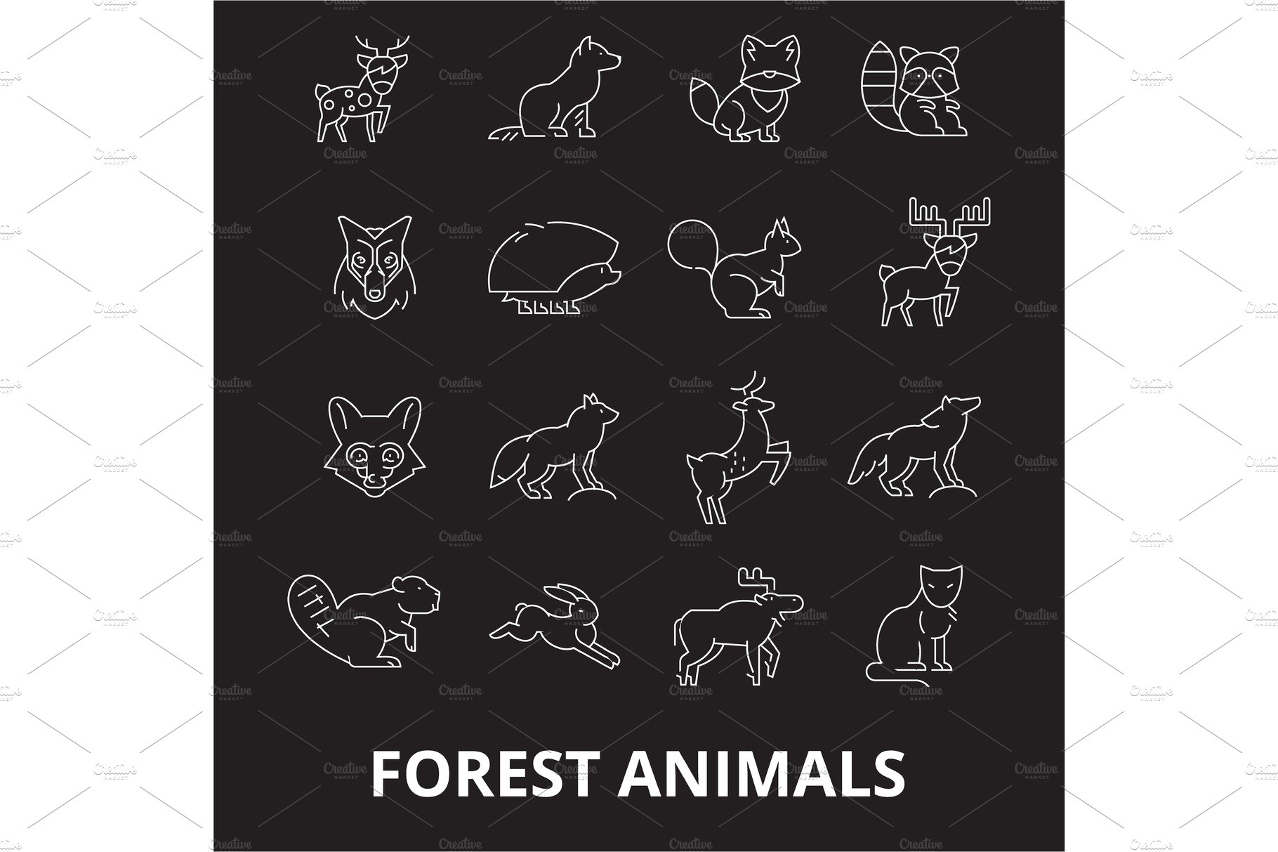 Forest animals editable line icons cover image.