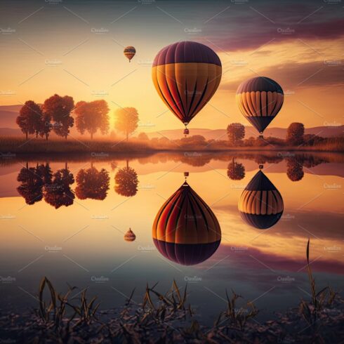 Hot Air Balloons Festival Flying Over a beautiful lake. Generati cover image.