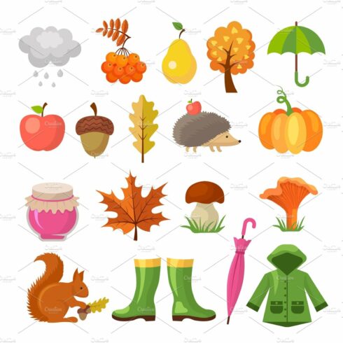 Autumn colored symbols. Vector icon cover image.