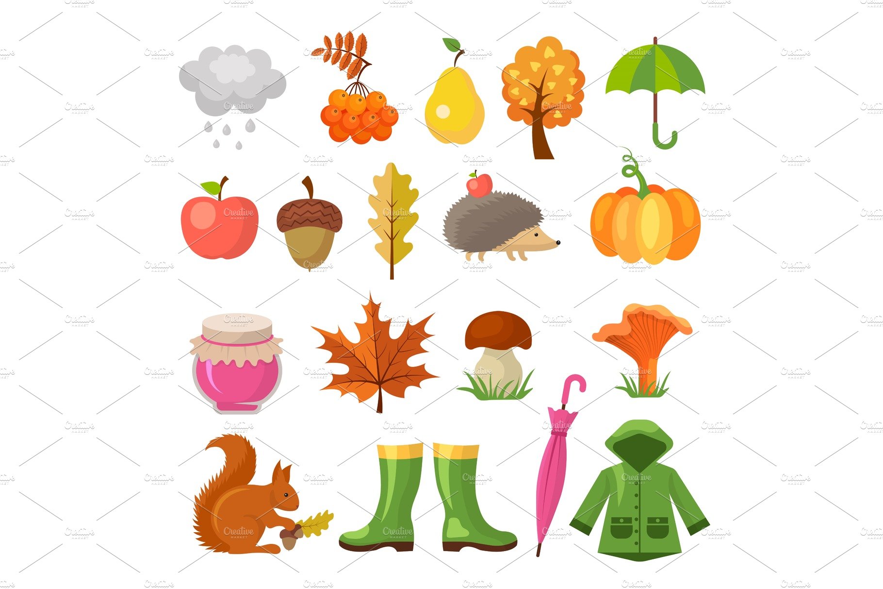 Autumn colored symbols. Vector icon cover image.