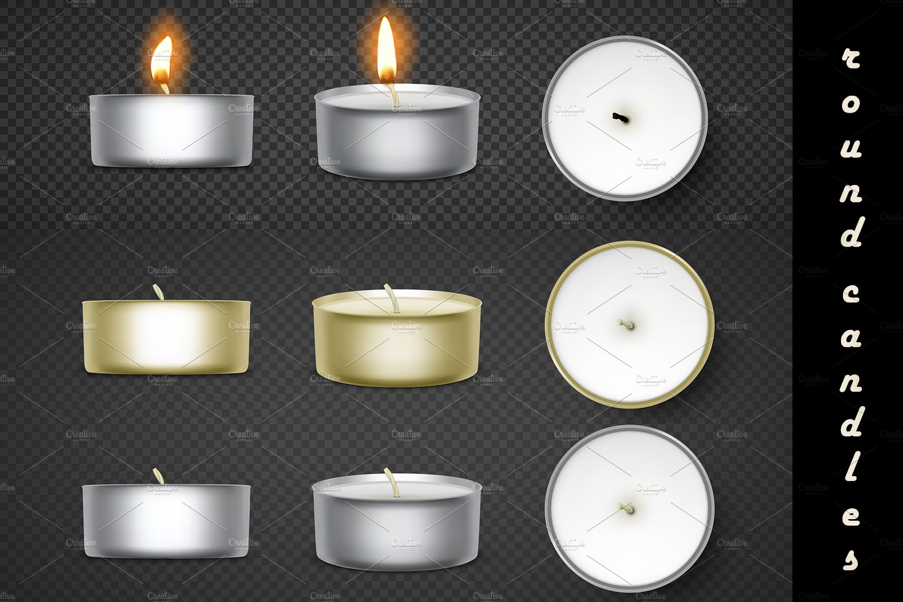 Burning candles, tea candles. Vector preview image.