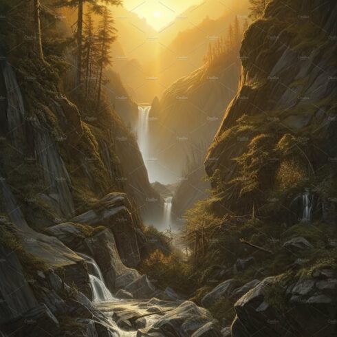 Beautiful vertical landscape with tall mountains, waterfall and a river. Ge... cover image.