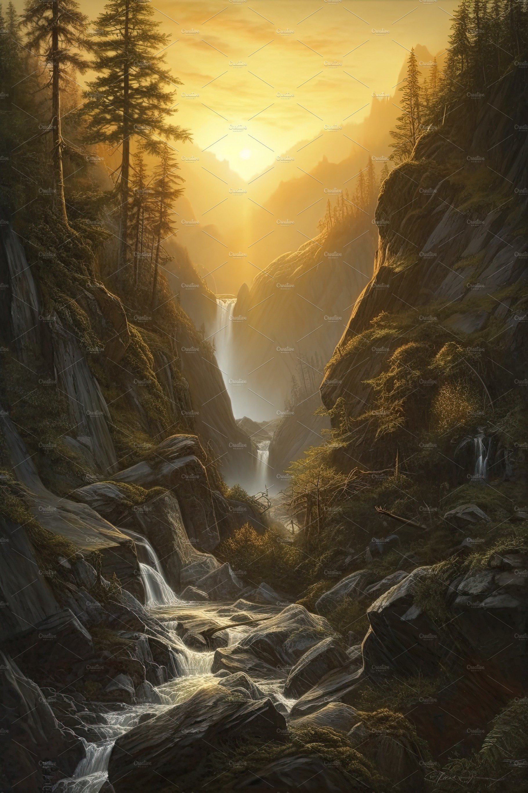 Beautiful vertical landscape with tall mountains, waterfall and a river. Ge... cover image.