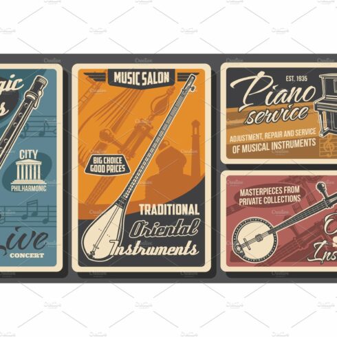 Music instruments, retro posters cover image.