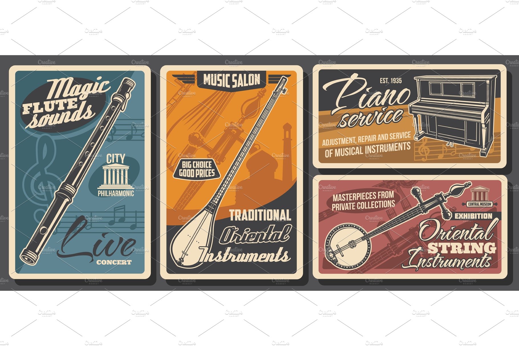 Music instruments, retro posters cover image.